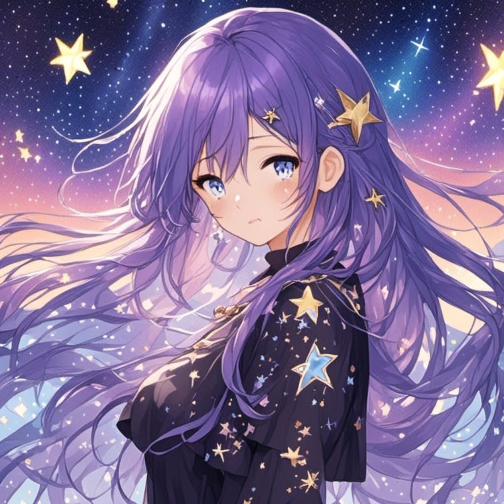 Fantasy Girl with Purple Hair in Starry Gown