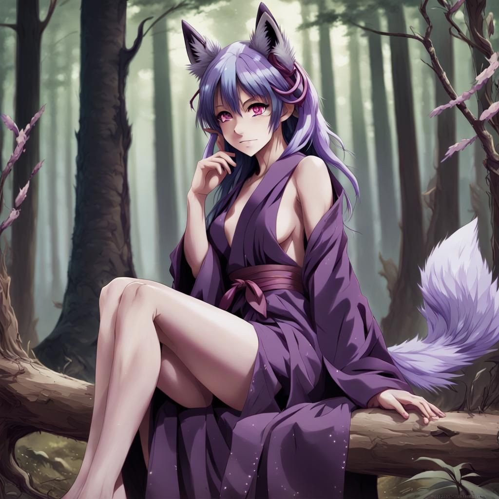 Anime Woman with Wolf Features in Purple Robes