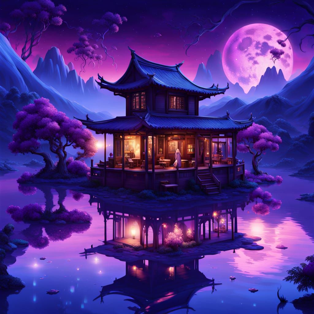 Starry Night Village by Tranquil Lake