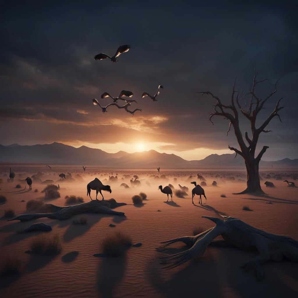 Vultures Over Desert Carcass in Cinematic Lighting