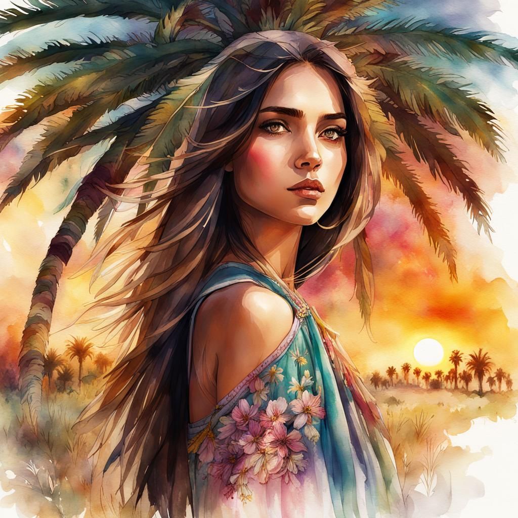 Portrait, Beautiful Arabic girl by an old palm tree