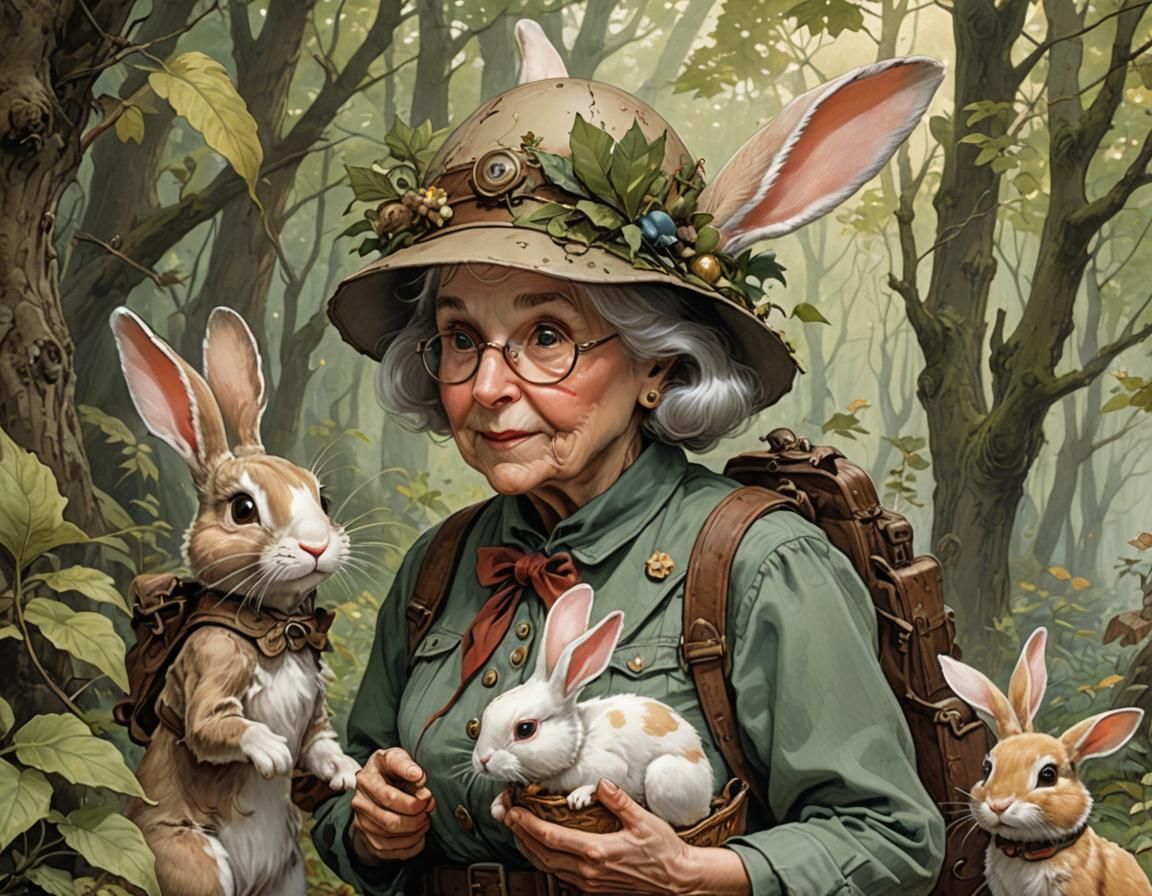Bunny-Granny Leads Easter Egg Hunt: Steampunk Illustration