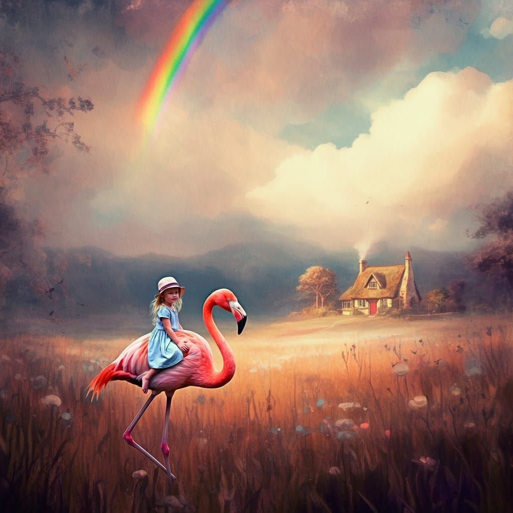 Girl Rides Flamingo in Dreamy Watercolor Landscape