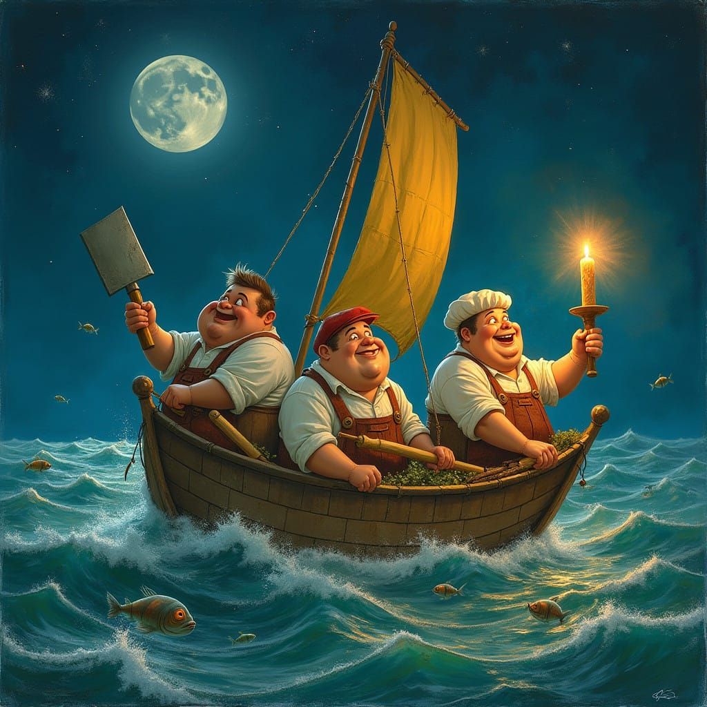 Whimsical Trio Adrift on a Moonlit Ocean