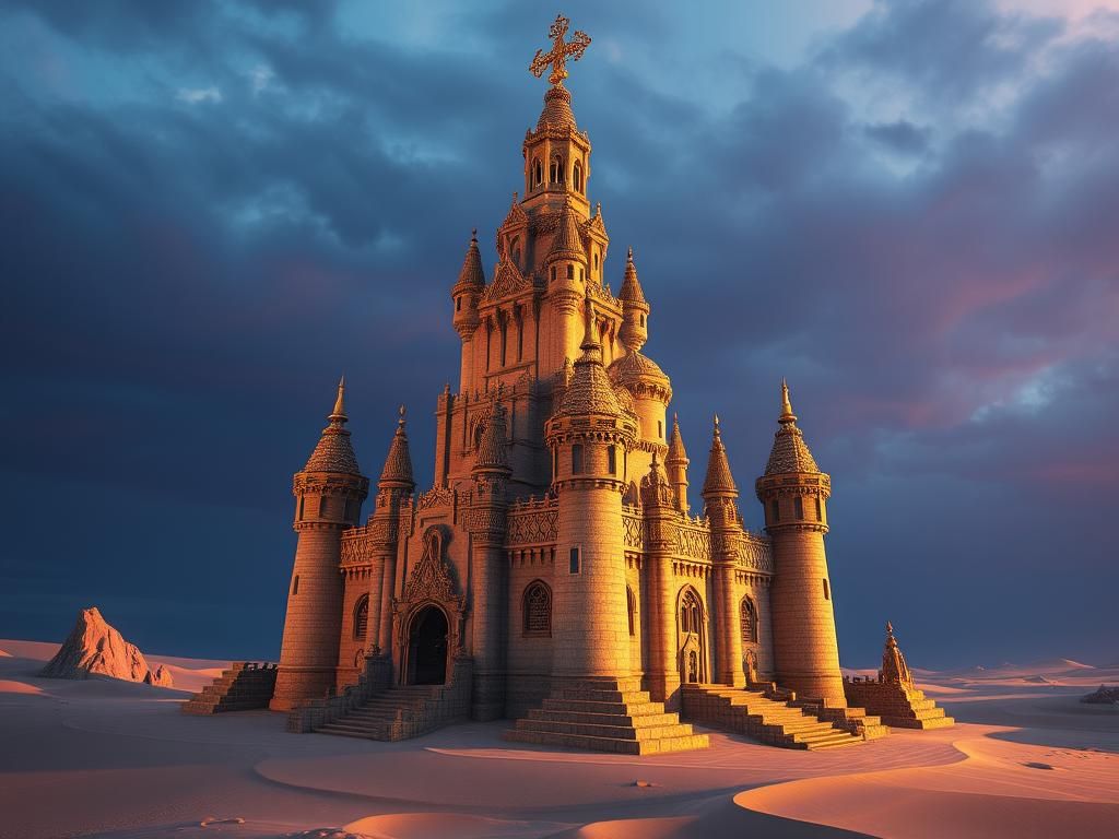 Towering Sandcastle with Ornate Details in Fantasy Landscape