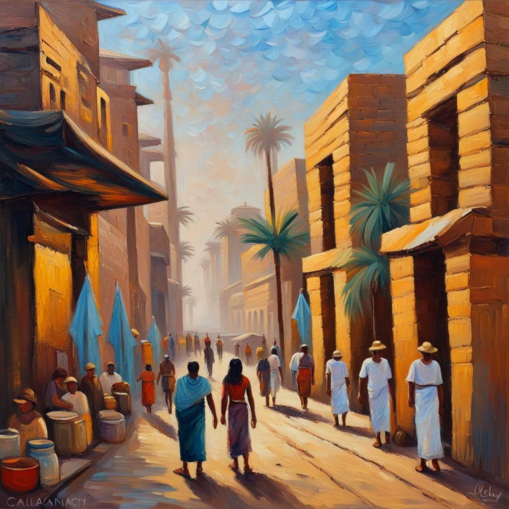 Ancient Egyptian City on the Nile: Impressionist Painting