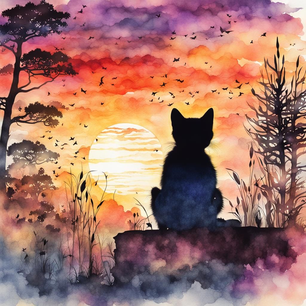 Kitten Gazing at Esoteric Twilight Sunset