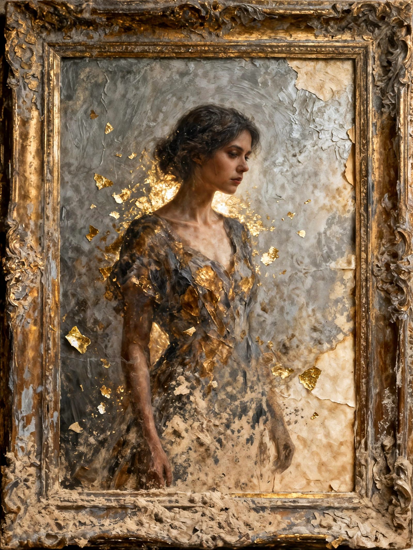 Oil Painting of Woman Emerging From Frame in Dusty Bronze Pa...