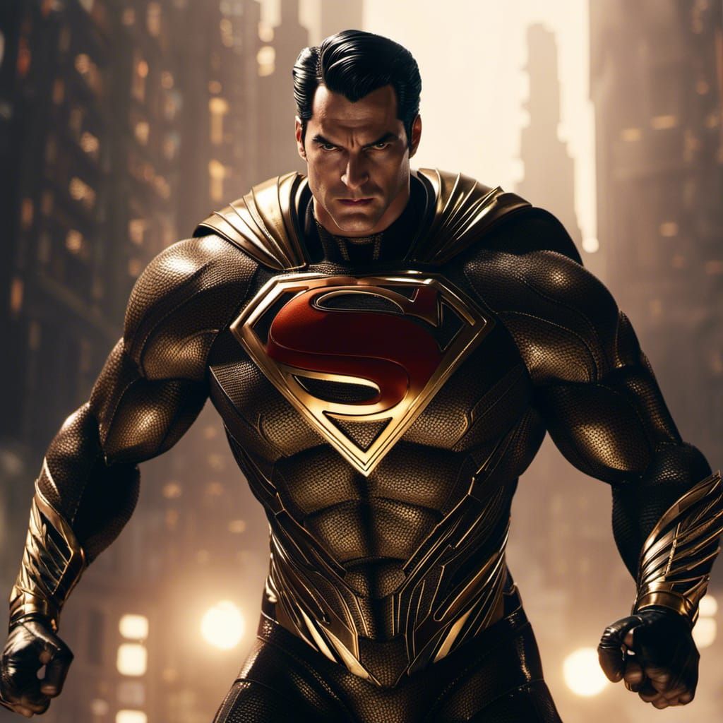 Photorealistic Superman in Black and Gold Suit