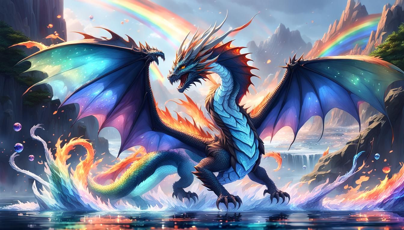 Blue Fire Dragon with Rainbow Scales in 3D Anime Art
