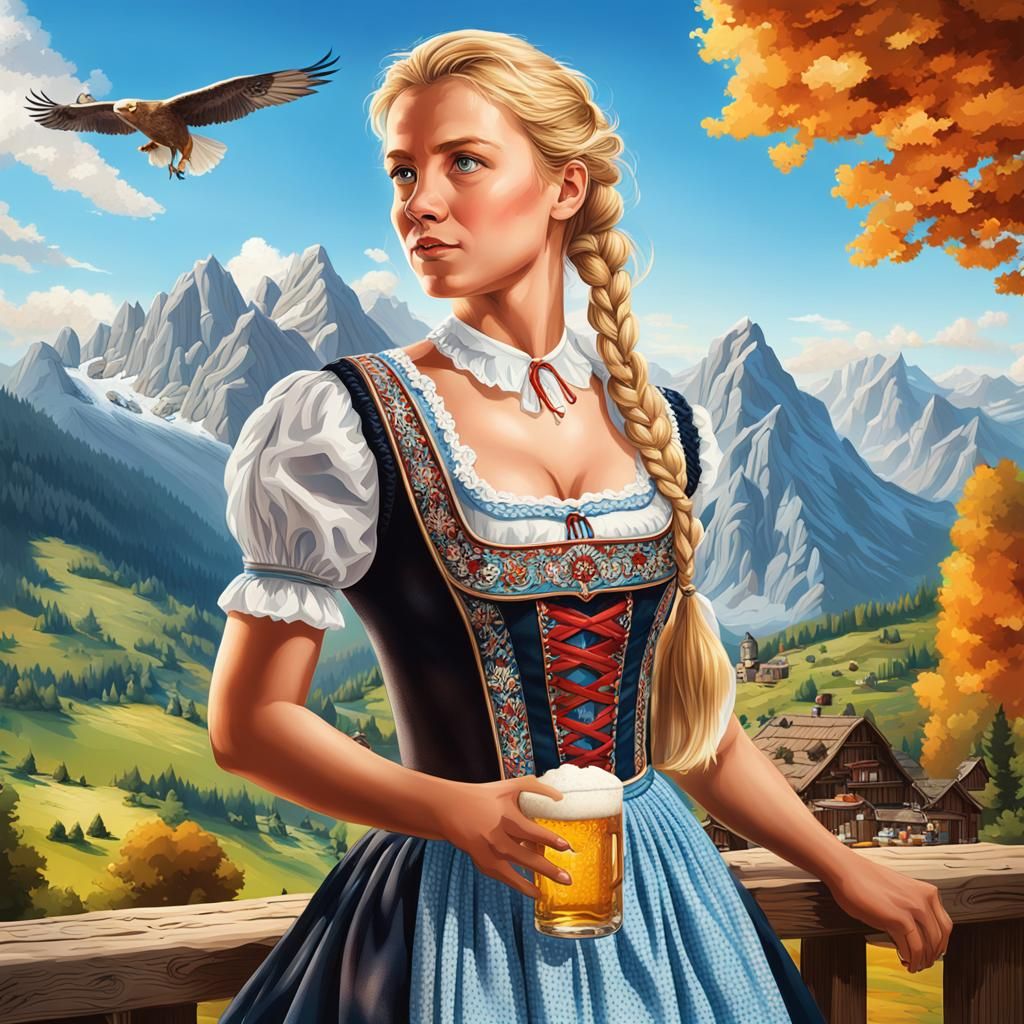 Bavarian Girl with Beer in Mountain Landscape