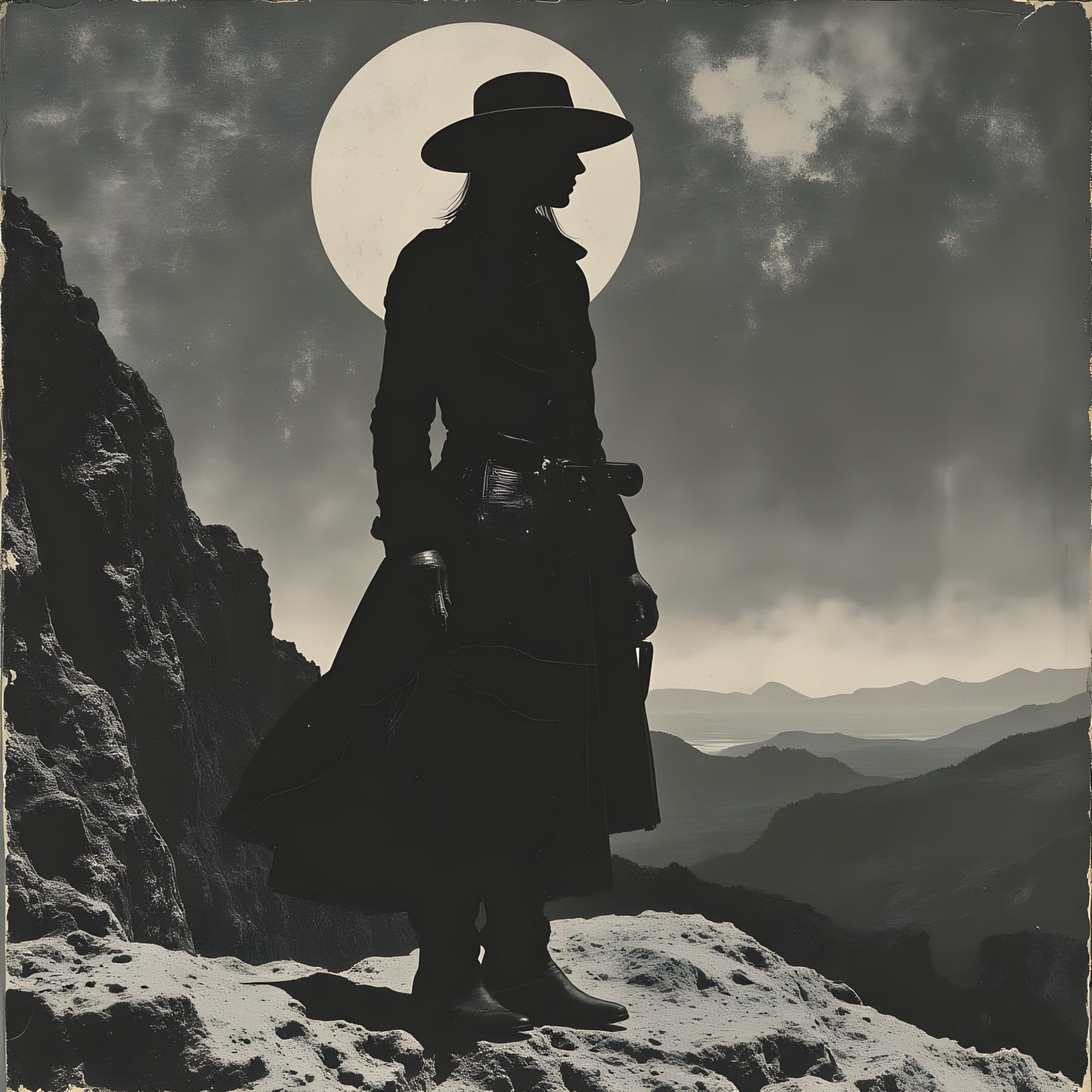 Dark Western Assassin Amidst a Gritty, Moonlit Landscape