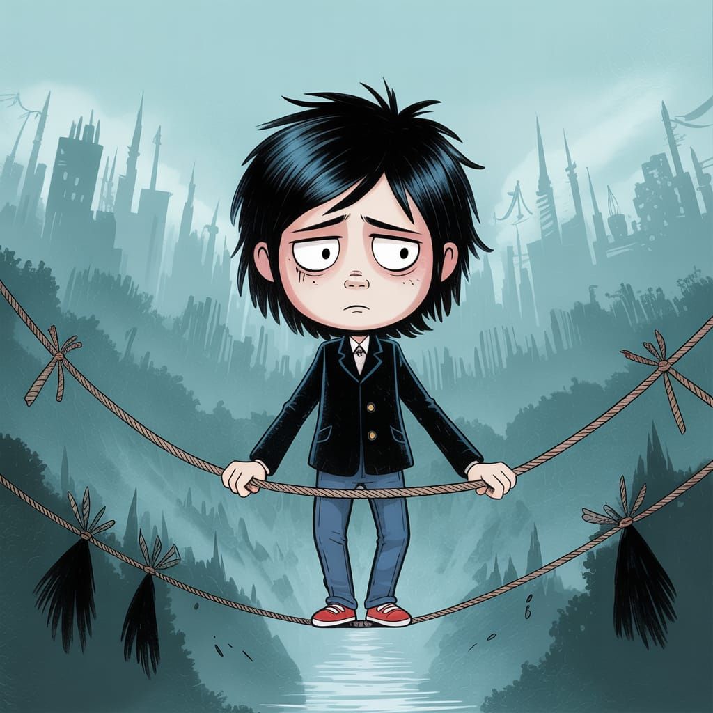 Emo Goth Cartoon Tightrope Walker in Sfumato