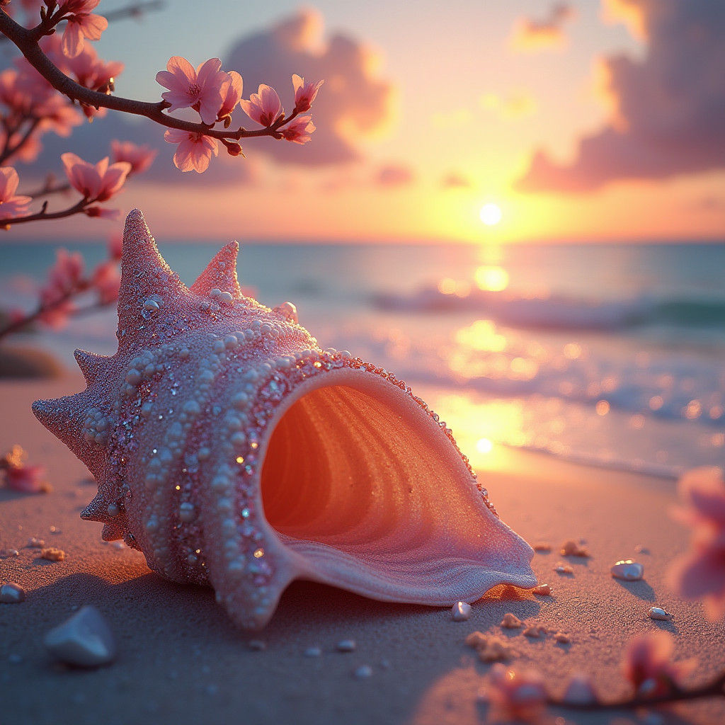 Golden Sunset Beachscape with Jeweled Conch Shell