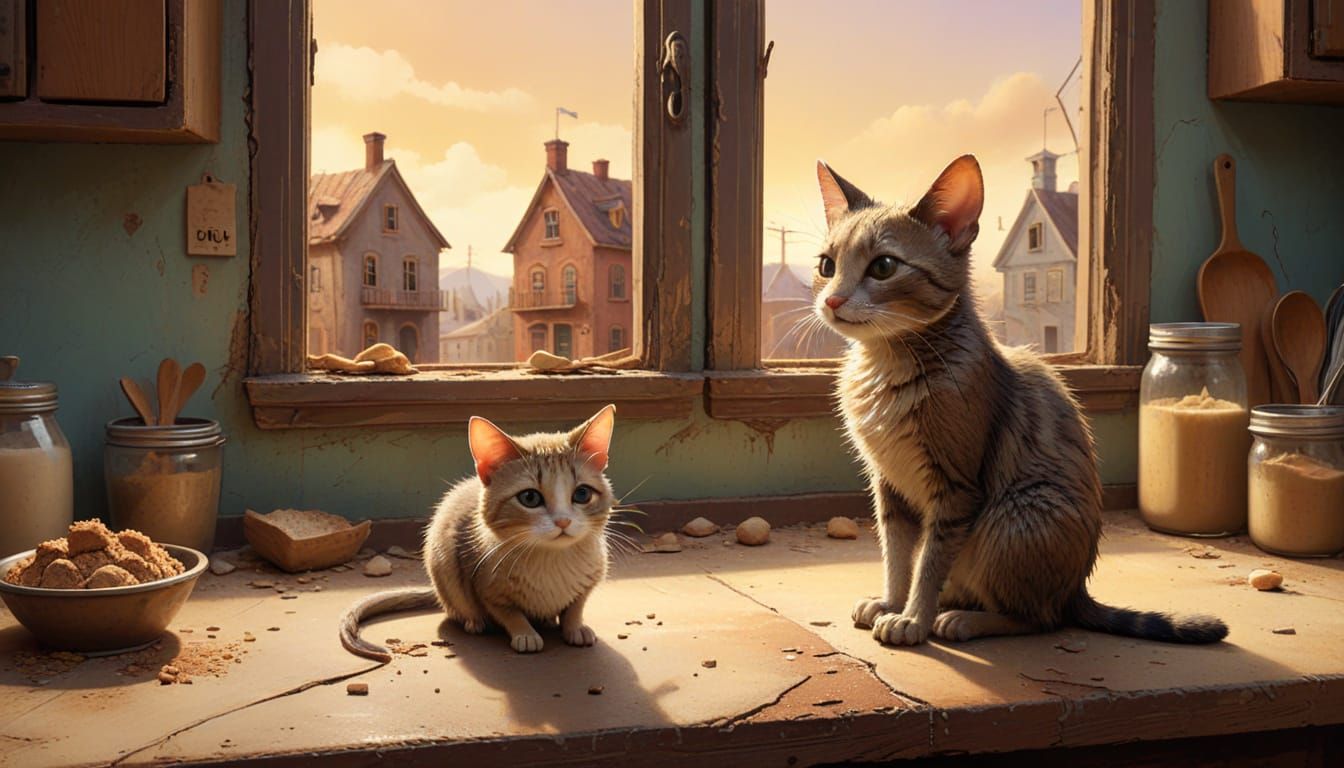 Whimsical Cat and Mouse Alliance on Dusty Counter