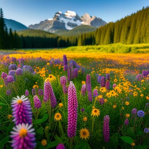 Lush Wildflower Field in Valley, Professional Photography