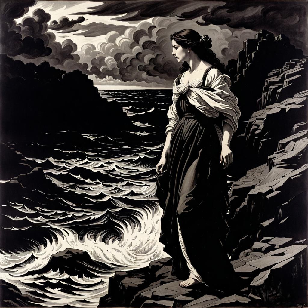 Woman on Cliff Above Stormy Water in Ink Print