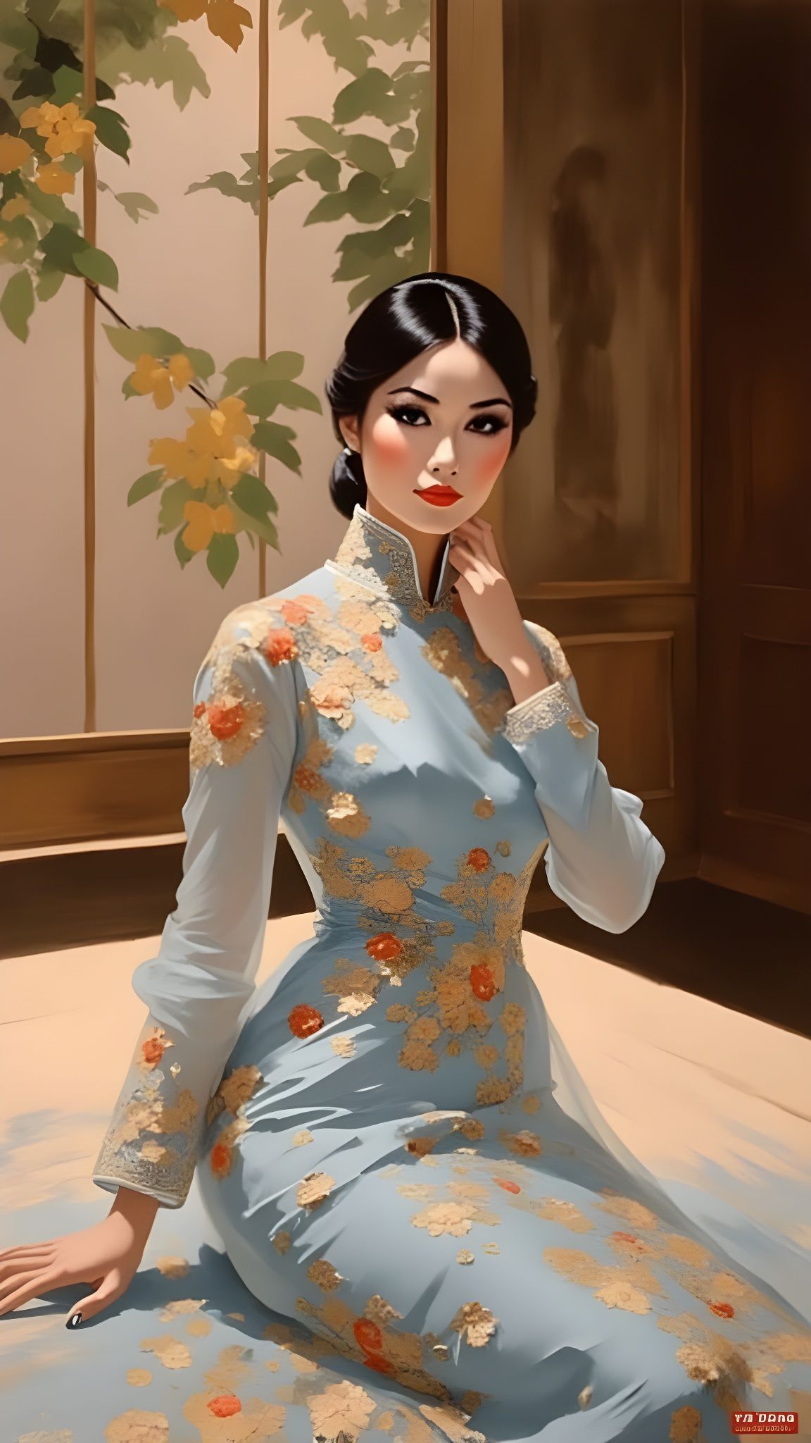 Elegant Asian Woman in Qipao Dress, Illustrative Style