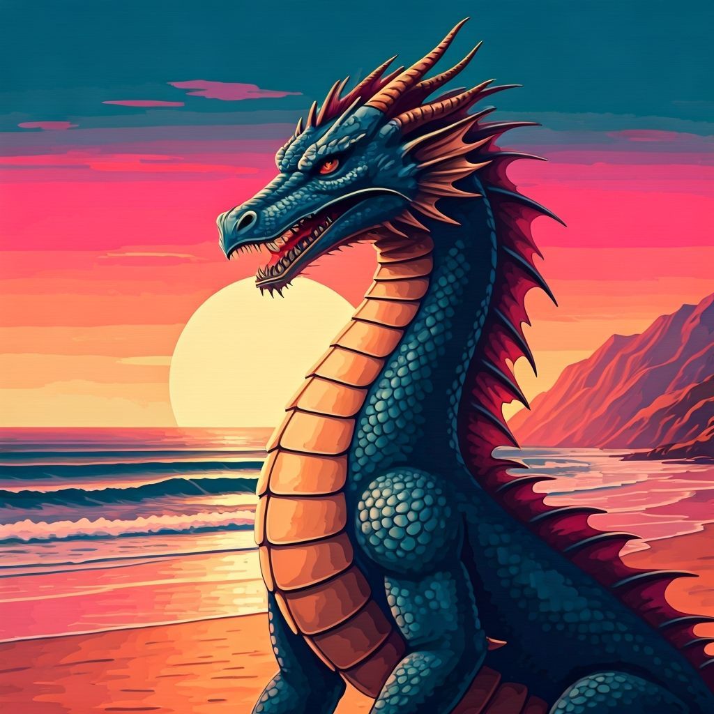Vintage Dragon Posing Fiercely at Sunset