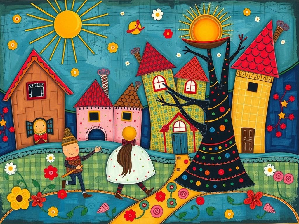 Vivid Naive Art Mixed Media Masterpiece