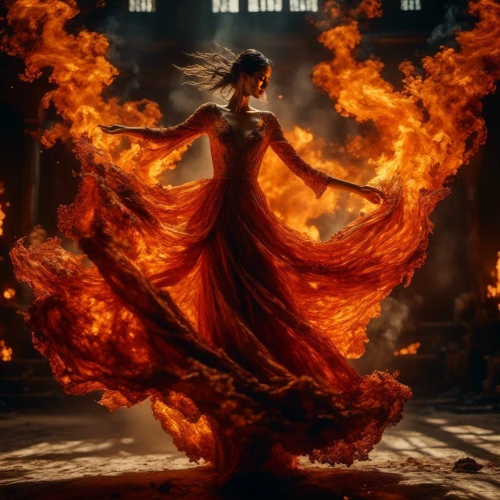 an image of a woman <lora:Beautify:1.0> dancing in a room surrounded by <lora:Gothic Fire:1.0> flames. The woman <lora:B...