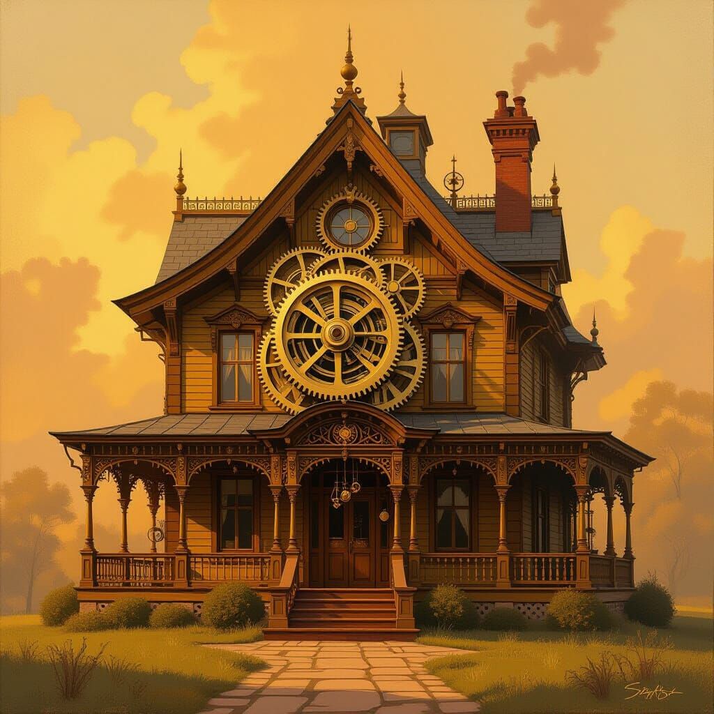 Gears House in Golden Light as Oil Painting