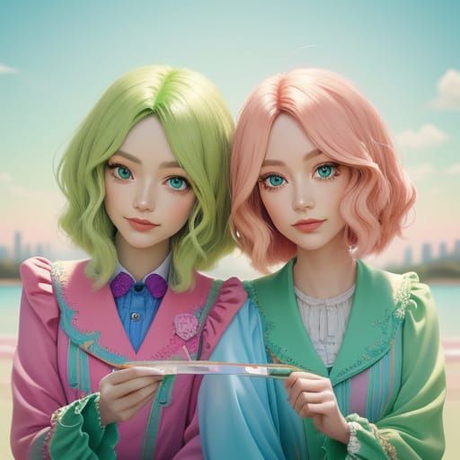 Playful Children with Green Hair in Digital Painting