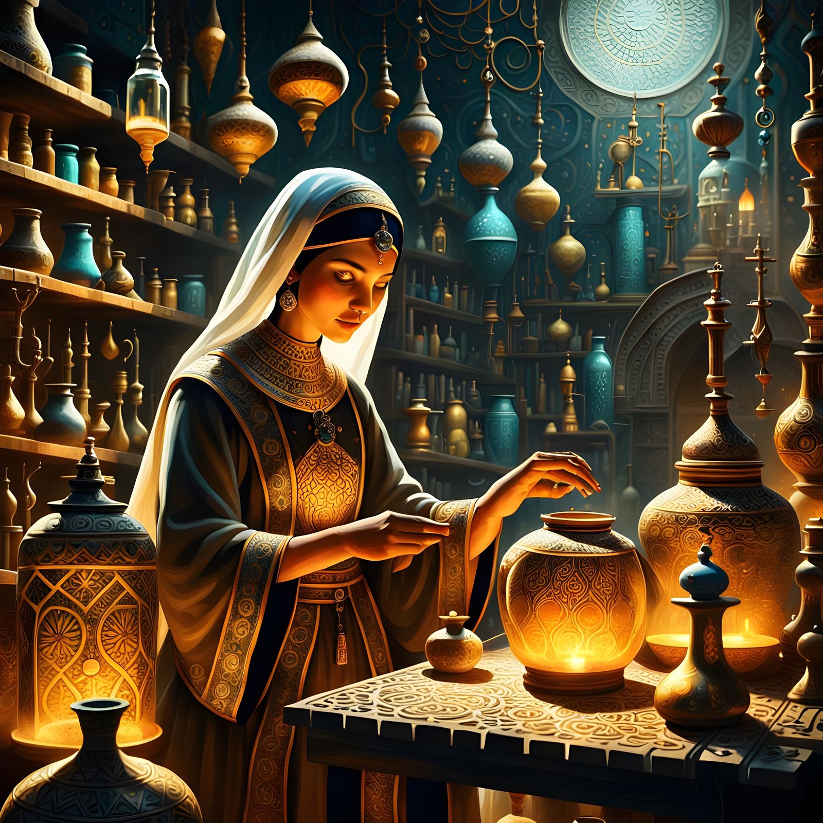 Arabian Alchemist Working in her Laboratory