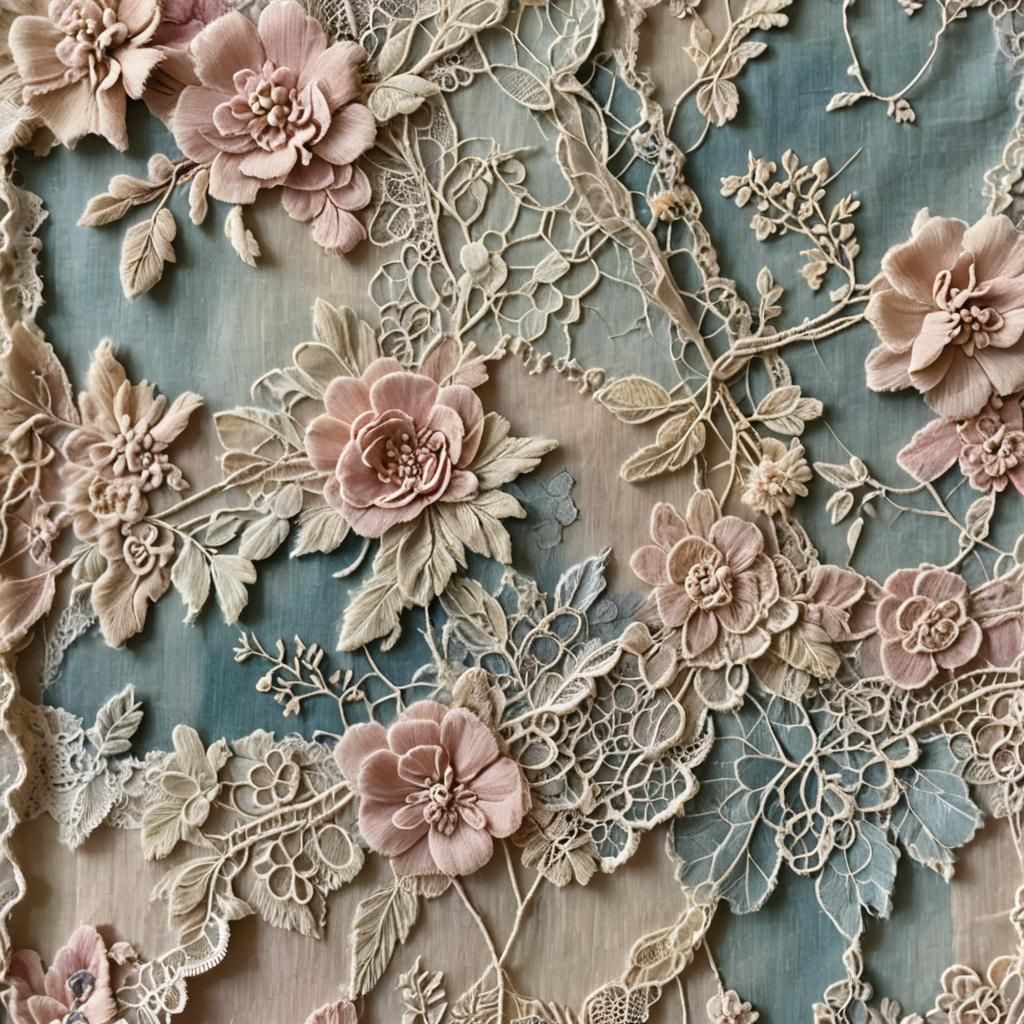 Romantic Vintage Textile Art with Ripped Lace