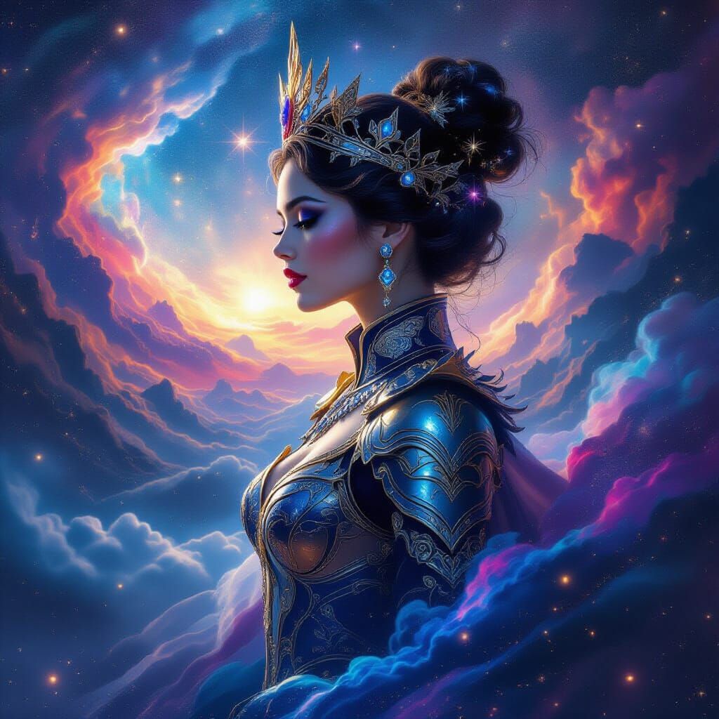 Regal Queen in Celestial Armor Gazing at Galaxy