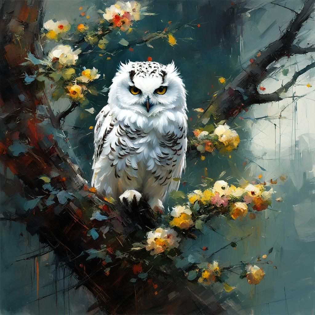 White Owl in Apple Tree: Detailed Matte Painting