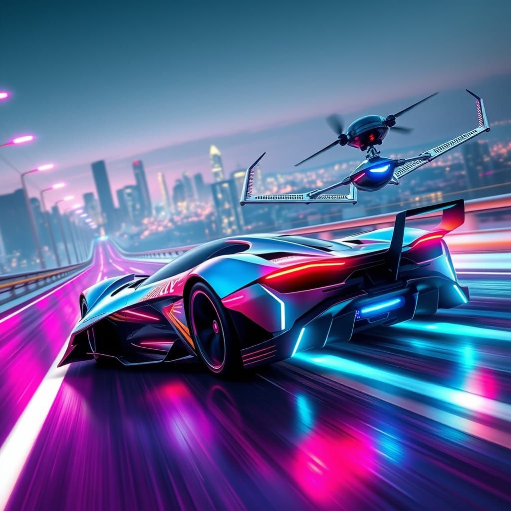 Futuristic Sports Car and Flying Drone Speed Towards Cyberpu...