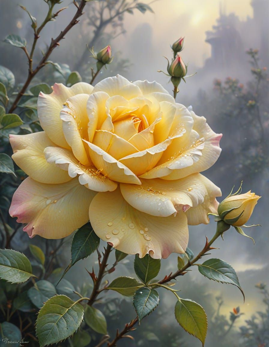 Ethereal Yellow Tea Rose Blossom in Watercolour