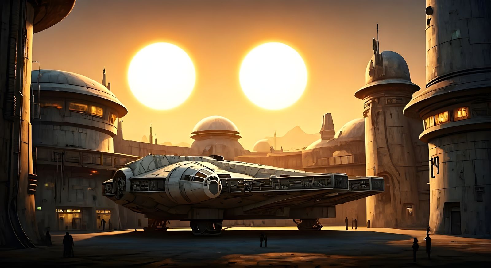 the Millenium Falcon in the Tatooine spaceport