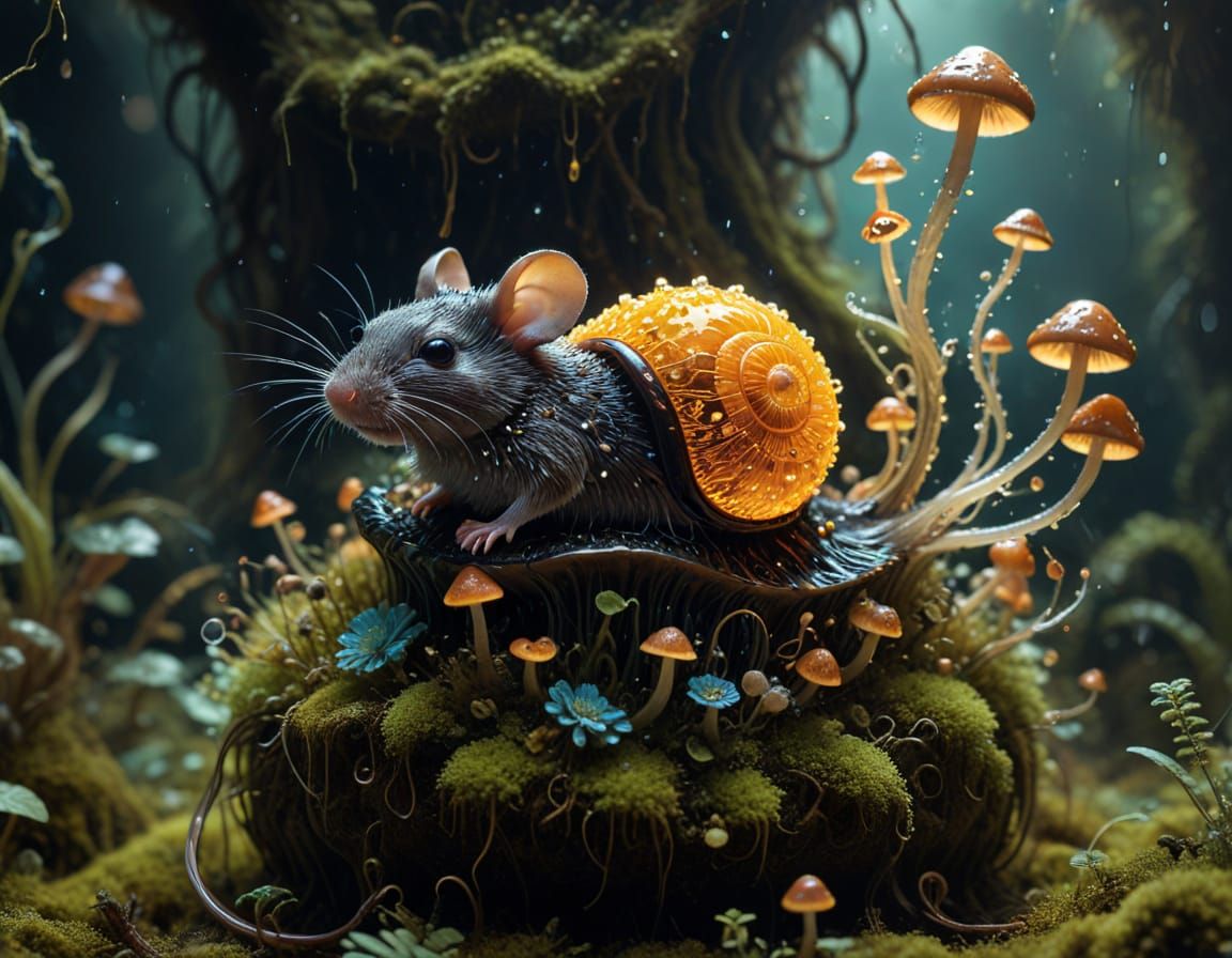 Surreal Mouse Riding Snail in a Glowing 4D Landscape