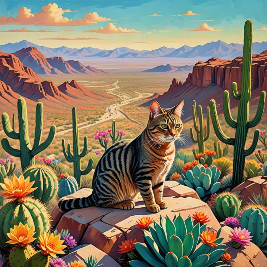 Tabby Cat in Blooming Cactus Garden, Impressionist Style