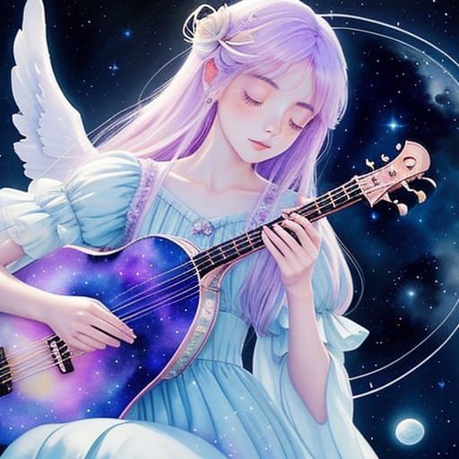 Ethereal Angel Playing Lyre in Celestial Watercolor Style