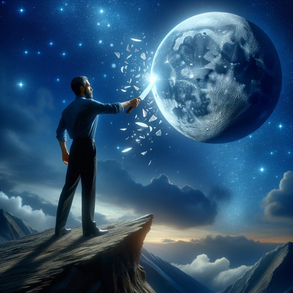 Man Reaches for Moon with Knife in a Dreamlike Scene