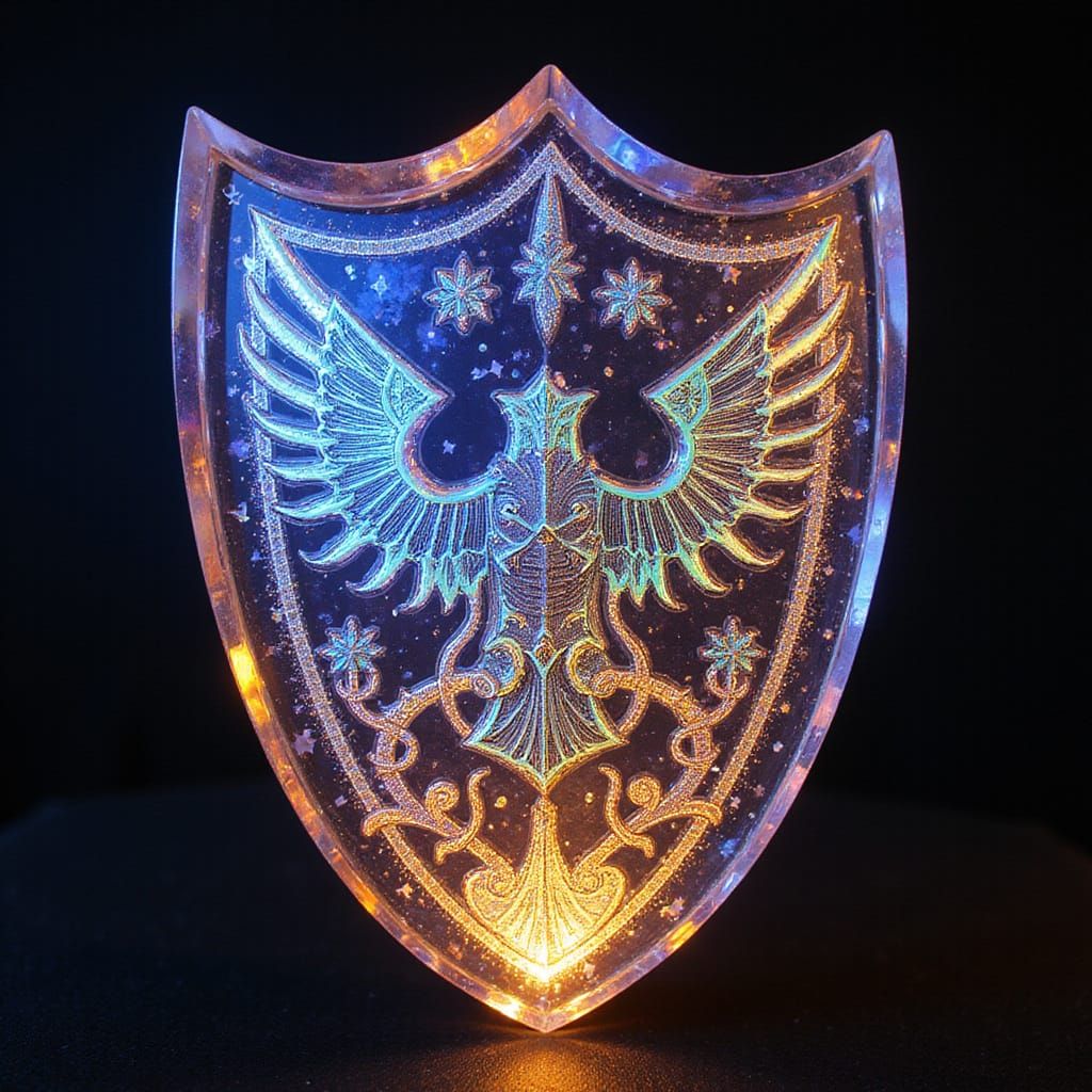 Heraldic Crystal Shield Refracts Light in Art Nouveau Style