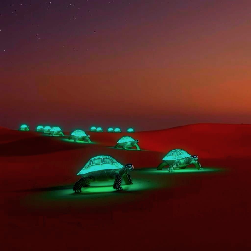 Glowing Tortoises Migrate Through Futuristic Desert