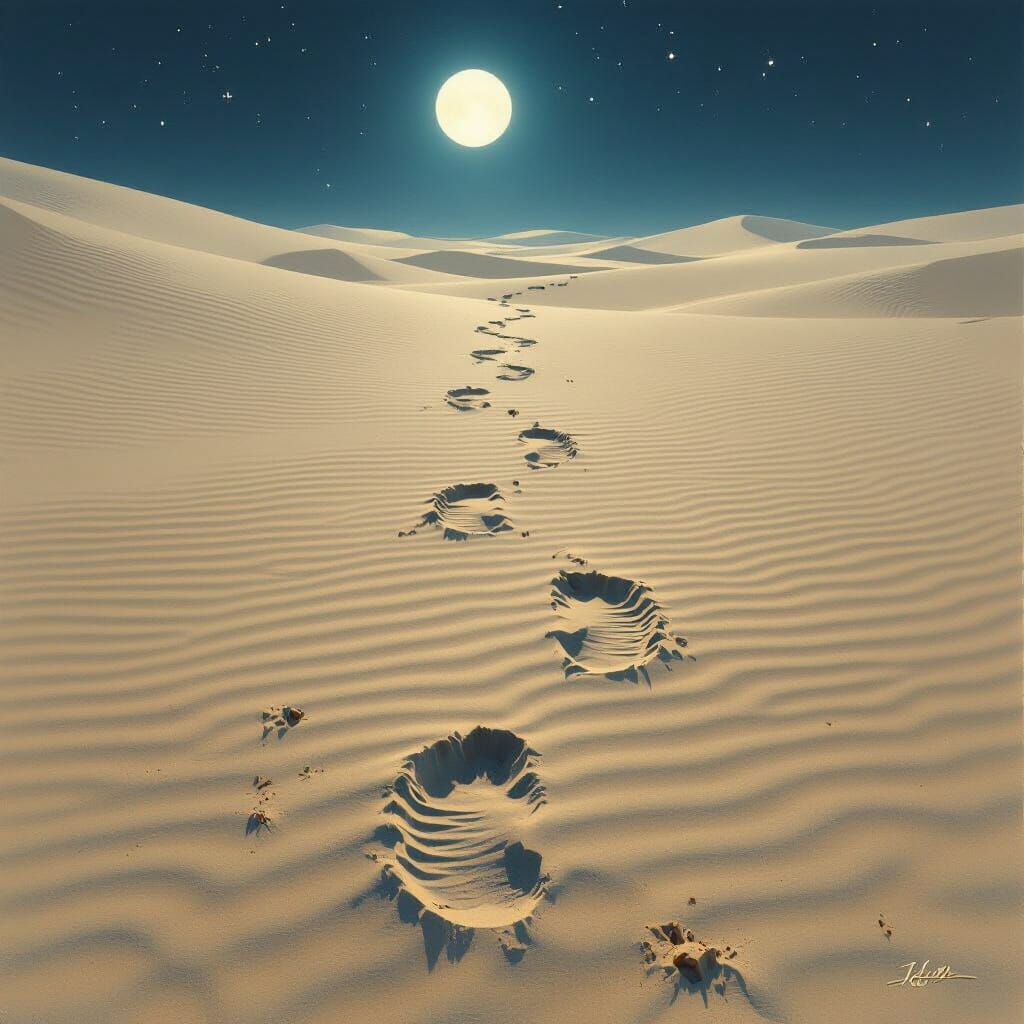 Footprints in Moonlit Sand in Fantasy Art Style