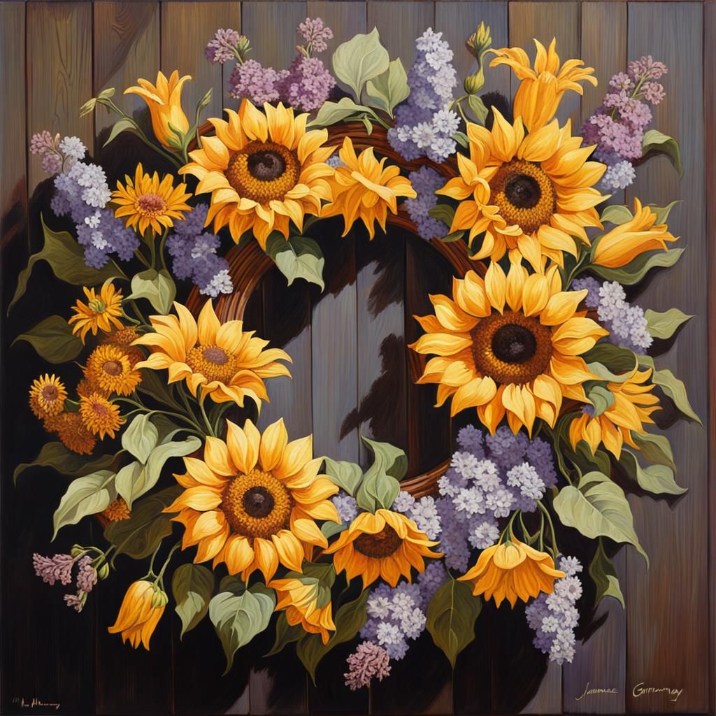 Floral Wreath Oil Painting on Oak Door