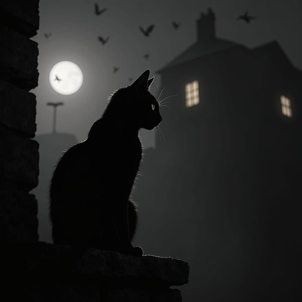 Flickering Shadows of a Noir Feline in a Darkened 1950s Film...