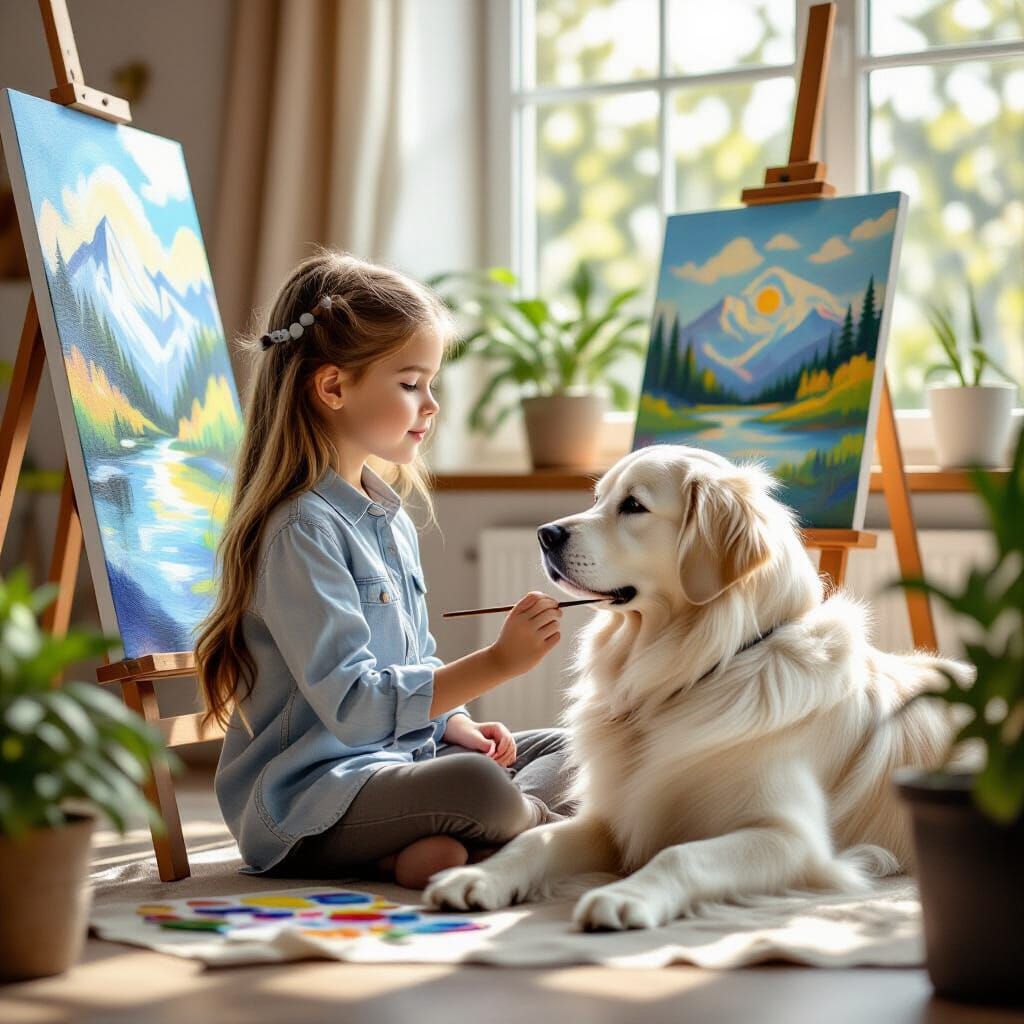 Girl Painting in Sunlit Studio with Leonberger Dog