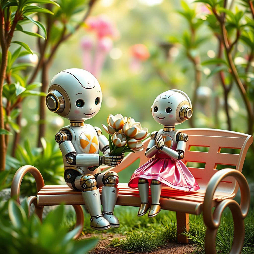 Toy Robots in Futuristic Park, Cinematic Still