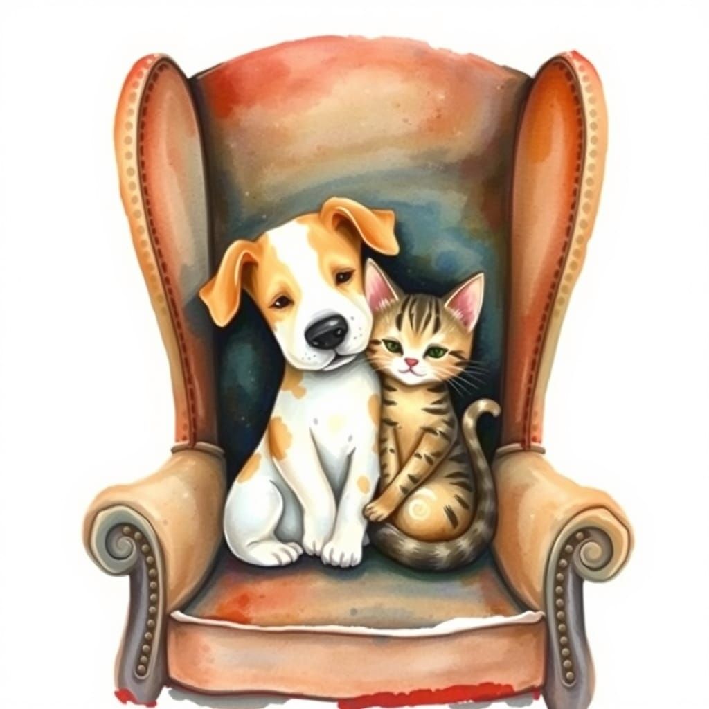 Folk Art Whimsy: Snuggled Pets in Vintage Armchair