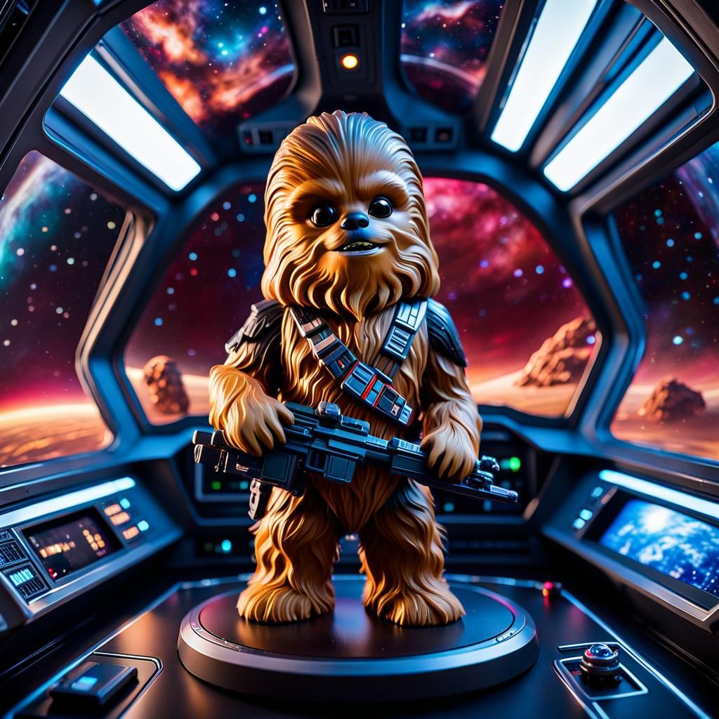 Hyperdetailed DSLR photograph of a cute Chewbacca bobblehead figurine on the elaborate dashboard of a spaceship, a windo...