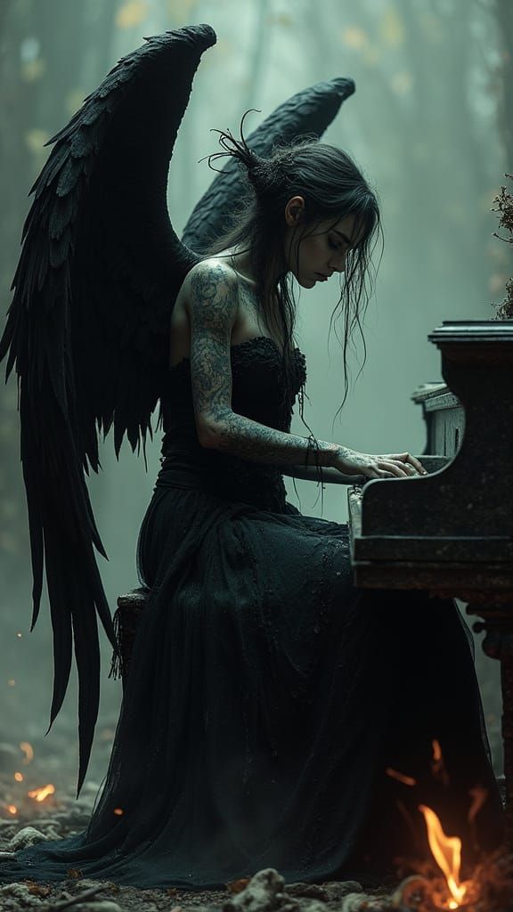Gothic Angel Plays Obsidian Piano in Dark Fantasy Style