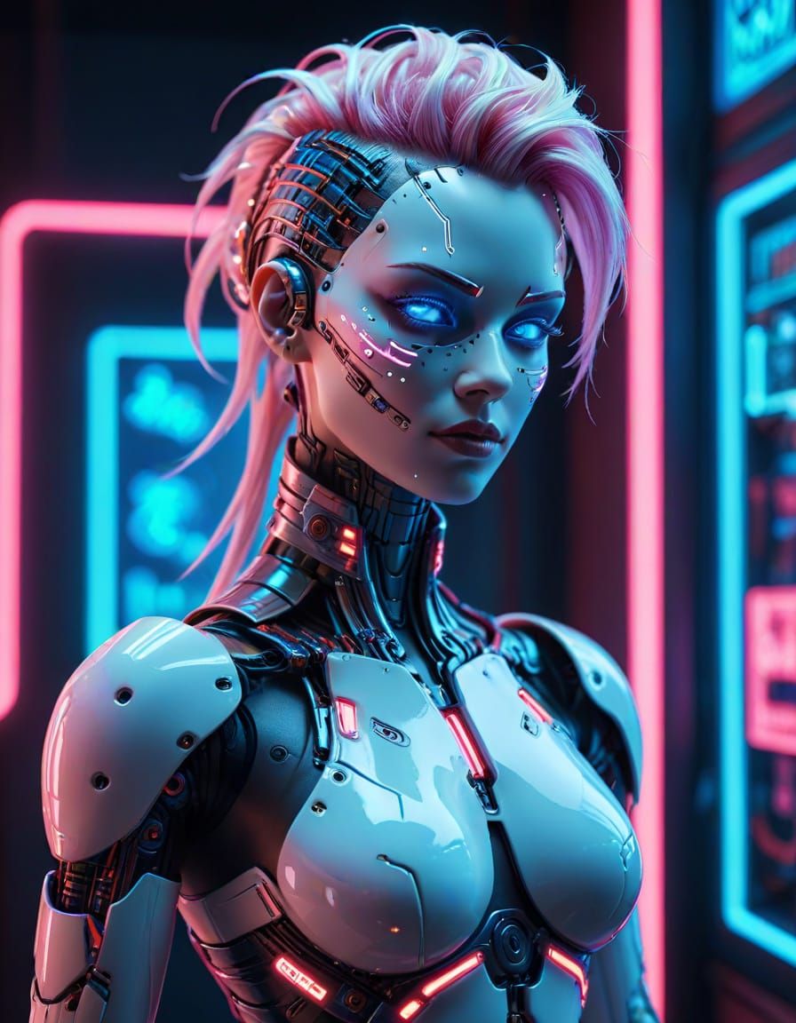 Cyberpunk Android Pinup with Glowing Electric Eyes