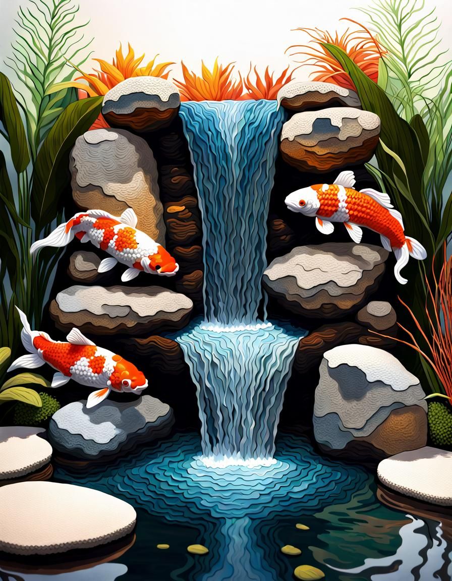 Crocheted Waterfall on Koi Pond in Hyperrealistic Style